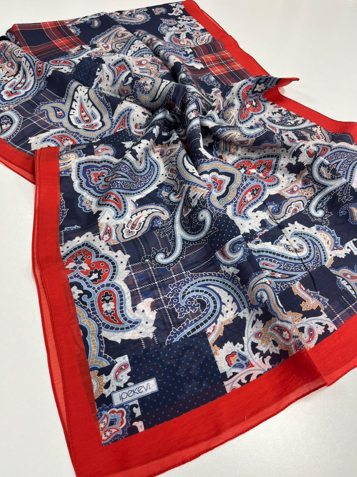 DRN İPK 654 LACİVERT PATCHWORK DESENLİ TENCEL ŞAL